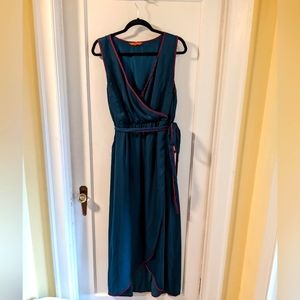 Turquoise maxi sleeveless Modcloth faux-wrap dress.